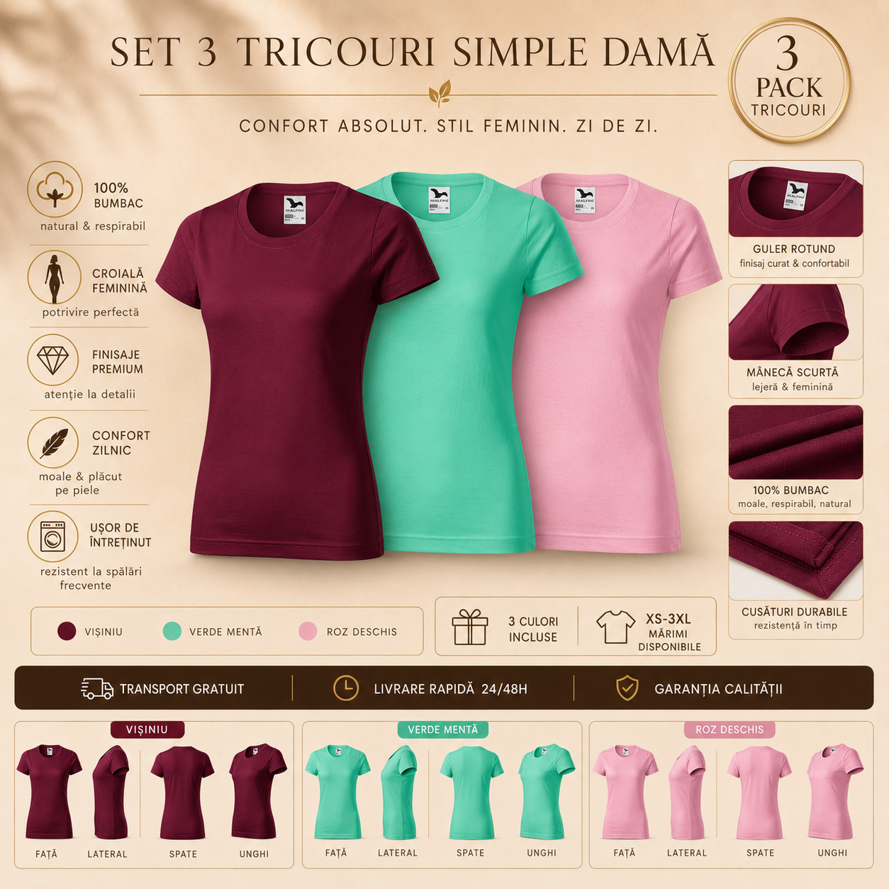 Set 3 tricouri damă 100% bumbac casual clasic vișiniu verde mentă roz deschis transport gratuit